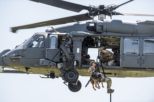 A 45th Security Forces Squadron military working dog handler and K9 conduct fast rope insertion and extraction system training from an HH-60W Jolly Green II helicopter at Moody Air Force Base, Ga., June 28, 2023. The 45th Security Forces Squadron from Patrick Space Force Base came to the 93rd Air Ground Operations Wing headquarters at Moody AFB to train with the 820th Base Defense Group to bolster air mobility employment capabilities of military working dog teams. (U.S. Air Force photo by Capt. Katie Tamesis) 