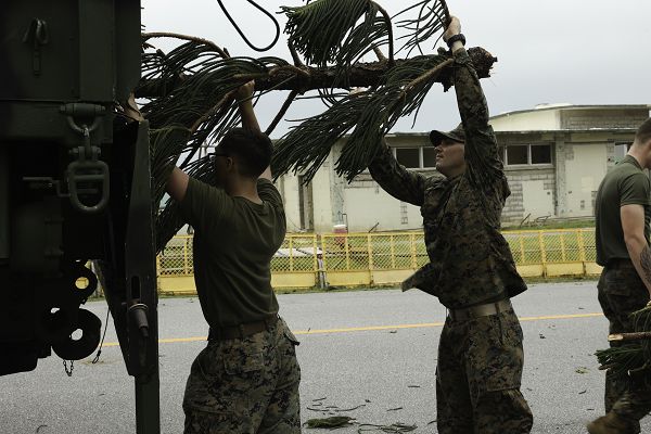 U.S. Marine Corps Cpl. Matthew Kamm, left, a transmission systems operator, and Lance Cpl. Ali Fish, right, a data system administrator, both with Communications Company, Headquarters Battalion, 3rd Marine Division, load a fallen tree into a USMC 7-ton on Camp Courtney, Okinawa, Aug. 7, 2023. Typhoon Khanun moved through Okinawa as a category 4 hurricane equivalent storm, bringing strong winds, heavy rain, and high waves, marking one of the strongest storms to affect the island in recent years. Immediately after the storm, crews from across Marine Corps Installation Pacific and III Marine Expeditionary Force began assessing damage and initiating repair work to ensure the Marines on Okinawa remain operationally ready. Kamm is a native of Concord, California, and Fish is a native of Adel, Georgia. (U.S. Marine Corps photo by Cpl. Alora Finigan)