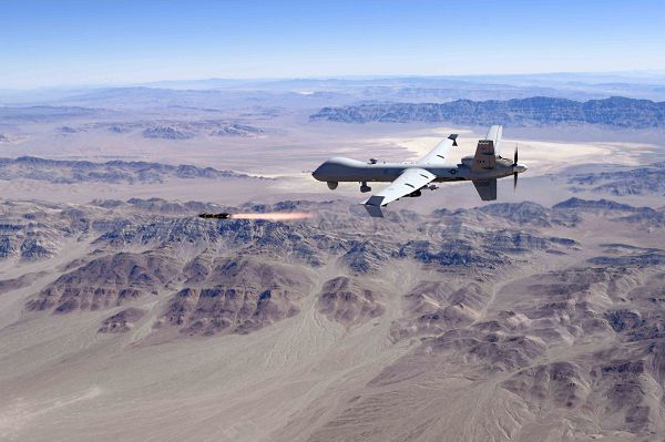 An MQ-9 Reaper, piloted by the 556th Test and Evaluation Squadron, fires an Air-to-Ground Missile-114 Hellfire missile over the Nevada Test and Training Range, Nev., Aug. 30, 2023. The 556th TES performs all software and physical testing to improve the combat capabilities of the MQ-9 Reaper. (U.S. Air Force photo by Airman 1st Class Victoria Nuzzi) 