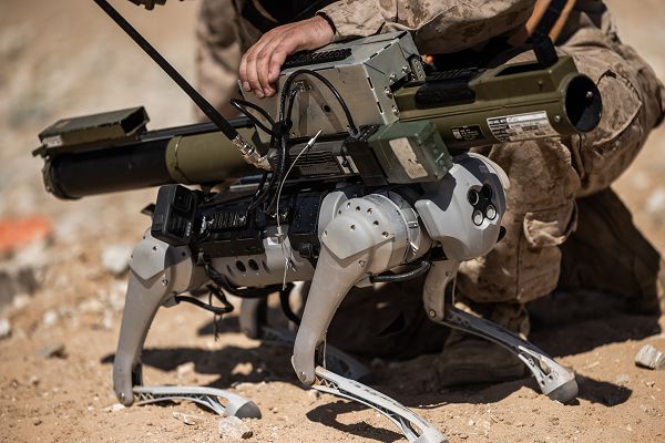U.S. Marines with Tactical Training and Exercise Control Group, Marine Air- Ground Task Force Training Command and scientists with the Office of Naval Research conduct a proof-of-concept range for the Robotic Goat at Marine Corps Air-Ground Combat Center, Twentynine Palms, California, Sept. 9, 2023. The goat can carry different payloads and was testing its ability to acquire and prosecute targets with the M72 Light Anti-Tank Weapon. (U.S. Marine Corps photo by Lance Cpl. Justin J. Marty)