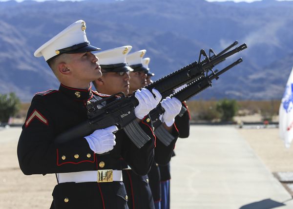 Marines render a rifle salute at the funeral ceremony of Ray V. Wilburn, retired Sgt. Major, at Twentynine Palms Public Cemetery, Jan. 13, 2018. Wilburn served 32 years of honorable and faithful service to the United States Marine Corps, taking part in World War 2, the Korean War and the Vietnam War. (U.S. Marine Corps photo by Lance Cpl. Isaac Cantrell)