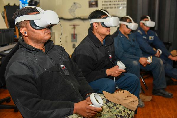 NAVAL BASE SAN DIEGO (Jan. 29, 2024) Sailors assigned to the amphibious assault ship USS Boxer (LHD 4) participate in a virtual reality suicide prevention training pilot program from Afloat Training Group Pacific at Naval Base San Diego, Jan. 29, 2024. (U.S. Navy photo by Mass Communication Specialist Seaman Tyler Miles)                                  