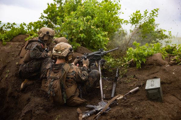U.S. Marine Corps Pfc. Justin O’Neal, a team leader and Lance Cpl. Ignacio Aguinaga, a machine gunner with 2nd Battalion, 5th Marine Regiment, 1st Marine Division, fire a M2A1 .50-caliber machine gun during a littoral live fire exercise for Marine Aviation Support Activity (MASA) 23 at Punta Baja, Palawan, Philippines, July 15, 2023. MASA 23 is a bilateral exercise between the Armed Forces of the Philippines and the U.S. Marine Corps, aimed at enhancing interoperability and coordination in support of U.S.-Philippine mutual defense. O’Neal is a Beaumont, Texas native. Aguinaga is a Ennis, Texas native. (U.S. Marine Corps photo by Lance Cpl. Juan Torres)