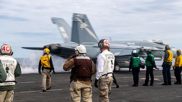 PACIFIC OCEAN (Nov. 27, 2023) U.S. Sailors observe an F/A-18F Super Hornet, assigned to the “Fist of the Fleet” of Strike Fighter Squadron (VFA) 25, launch off the flight deck of the Nimitz-class aircraft carrier USS Theodore Roosevelt (CVN 71), Nov. 27, 2023. Theodore Roosevelt, the flagship of Carrier Strike Group Nine (CSG 9), is conducting integrated training exercises in the U.S. 3rd Fleet area of operations. (U.S. Navy photo by Mass Communication Specialist 3rd Class Adina Phebus)
