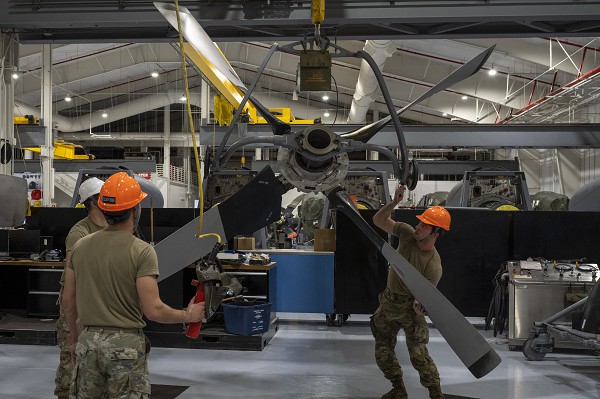Airmen assigned to the 1st Special Operations Maintenance Squadron move the rear spinner of an MC-130H Combat Talon II at Hurlburt Field, Fla., March 8, 2023. The 1st SOMXS is dedicated to supporting the generation of safe, reliable, combat-capable aircraft and equipment, ensuring Air Force Special Operations Command can accomplish its mission. (U.S. Air Force photo by Airman 1st Class Hussein Enaya) 