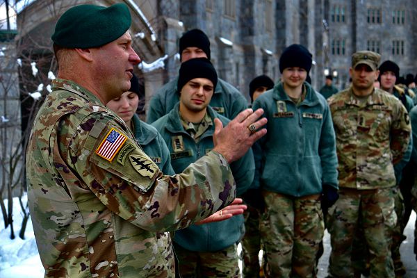 WEST POINT, N.Y. – Medal of Honor recipient Master Sgt. Earl Plumlee speaks to cadets at the United States Army Military Academy at West Point, N.Y., on the merit and difficulty of making tough decisions while in combat, March 1, 2023. While at the academy, Master Sgt. Plumlee interacted with hundreds of cadets, sharing lessons learned on leadership and combat across his military career. (U.S. Army photo by Sgt. 1st Class Jared Gehmann)