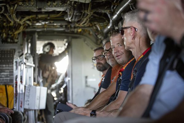 Civilian leaders and business executives of the Marine Corps Executive Forum (MCEF) take a familiarization flight aboard MV-22 Ospreys from the Marine Executive Flight Detachment at Marine Corps Base Quantico, Aug. 25, 2023. During MCEF, participants are provided an inside look at the Marine Corps lifestyle and partake in activities, becoming immersed in the culture while engaging with Marines. The forum included a tour of the Pentagon with an open discussion with Marine Corps leadership on the Corps’ key issues and priorities, a live-fire demonstration at the Weapons Field Training Battalion in Quantico, an MV-22 Osprey familiarization flight, a tour of the National Museum of the Marine Corps, and attendance at an Evening Parade at Marine Barracks Washington. (U.S. Marine Corps photo by Sgt. Karis Mattingly)