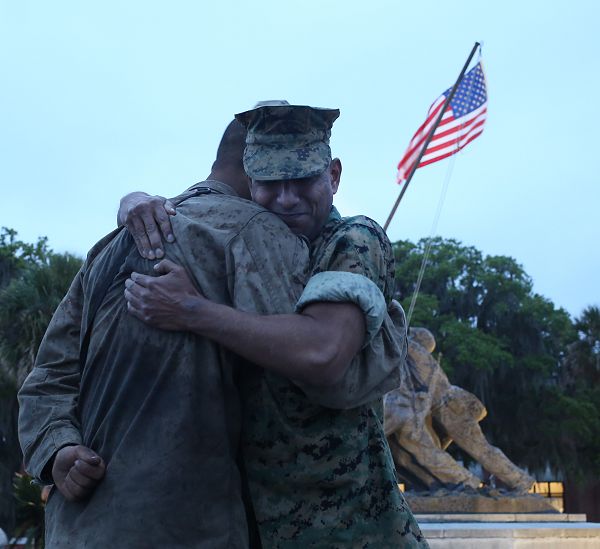 Pvt. Joshua Kaza, a Marine with Hotel Comapny, was awarded his Eagle, Globe and Anchor by his dad Lt. Col. Babu Kaza at Marine Corps Recruit Depot Parris Island, April 8, 2023. The date of April 8 is providential to the family. Babu's friend, 1st Lt. Joshua Palmer, was killed in Al Anbar, Iraq on this day in 2004 and is the very person for who he named his son after. (U.S. Marine Corps photo by CWO3 Bobby Yarbrough)