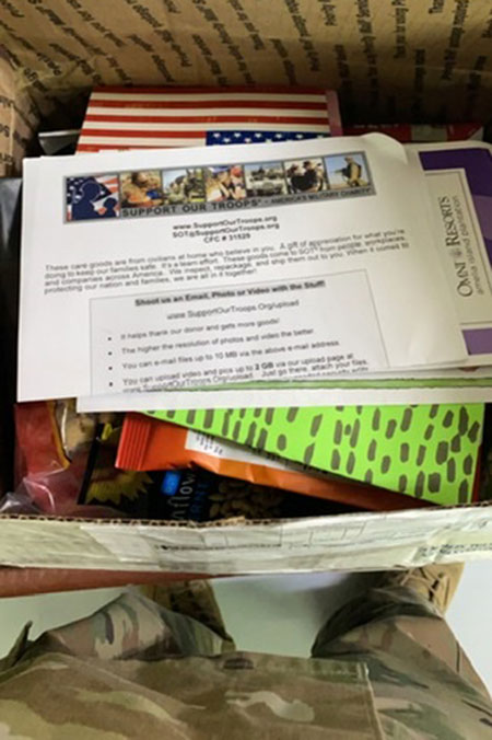 OCONUS, February 2020–Hello, I just want to say thank you so much for sending me the care package! What really moved me in the care package was the letters from the kids, it made me smile and feel good  that I’m so what making a difference in the world. Thank you ! ~~ Miguel [  ]