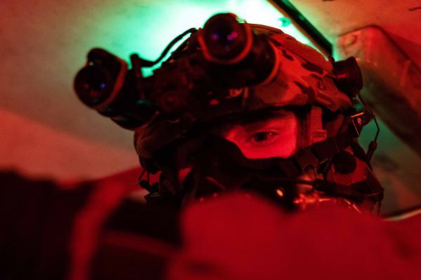 A U.S. Marine with 1st Platoon, Maritime Special Purpose Force, 22nd Marine Expeditionary Unit, prepares to conduct a high-altitude high-opening jump during military freefall sustainment training in Laurinburg, North Carolina on Dec. 6, 2024. U.S. Marines with the 22nd MEU, MSPF, execute military freefall sustainment training to maintain insertion qualifications, enhance proficiency and ensure tactical readiness for the 22nd MEU’s upcoming Pre-Deployment Training Program and follow on operations. (U.S. Marine Corps photo by Sgt. Nathan Mitchell)