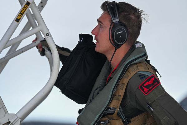 U.S. Air Force Capt. Chase Loving, 34th Expeditionary Bomb Squadron pilot, enters a B-1B Lancer assigned the the 34th EBS prior to a mission in support of Bomber Task Force 25-1, at Andersen Air Force Base, Guam, Feb. 4, 2025. Bomber Task Force missions are designed to showcase PACAF’s ability to deter, deny, and dominate any influence or aggression from adversaries or competitors. (U.S. Air Force photo by Airman 1st Class Alec Carlberg)