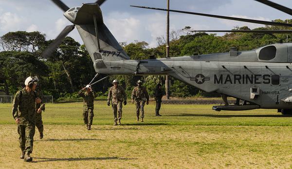 A U.S. Marine Corps CH-53E Super Stallion Helicopter, attached to the 31st Marine Expeditionary Unit, lands at Oyama park for Iron Fist 24 at Okinoerabu, Japan, March 11, 2024. The exercise provided Marines and 2nd ARDR soldiers the opportunity to coordinate and rehearse a bilateral helicopter raid operations. Iron Fist is an annual bilateral exercise designed to increase interoperability and strengthen the relationships between the U.S. Marine Corps, the U.S. Navy, the Japanese Ground Self Defense Force, and the Japanese Maritime Self-Defense Force. (U.S. Marine Corps photo by Captain Pawel Puczko)