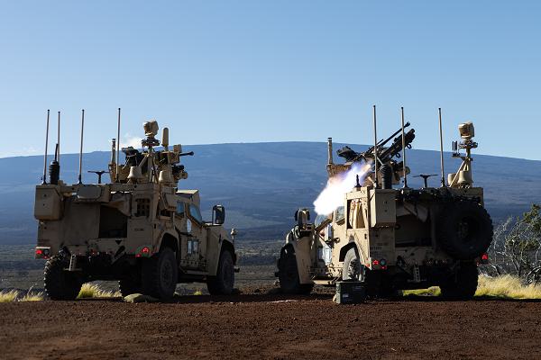 A Marine Air Defense Integrated System Mk 1 fires upon a small unmanned aircraft system during a training exercise at Pohakuloa Training Area, Hawaii, Jan. 25, 2025. A key component of the Marine Corps’ Force Design initiative, the mobile MADIS increases 3d Marine Littoral Regiment’s tactical flexibility by extending the range of the airspace which 3d MLR is able to sense and defend without support from the Joint Force. (U.S. Marine Corps photo by Sgt. Jacqueline C. Parsons)