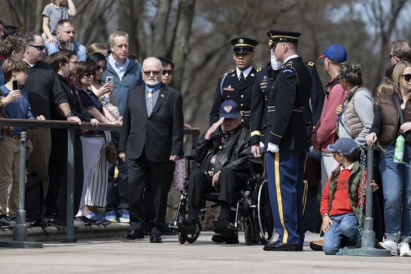(From left to right) Medal of Honor Recipient U.S. Army Pfc. Kenneth David and Medal of Honor Recipient U.S. Marine Corps Staff Sgt. Allan Kellogg, Jr. render honors during an Armed Forces Full Honors Wreath-Laying Ceremony at the Tomb of the Unknown Soldier at Arlington National Cemetery, Arlington, Virginia, Tuesday, March 25, 2025. The wreath was laid in commemoration of National Medal of Honor Day. (U.S. Army photo by Elizabeth Fraser / Arlington National Cemetery / released)