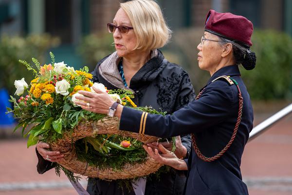 U.S. Army Capt. Monika Stoy presents a wreath for the 80th anniversary of Operation Varsity Mar. 24, 2025, on Hamminkeln, Germany, honoring the courage of Allied forces who fought to secure freedom during World War II. Operation Varsity was the largest single-day airborne operation of WWII, it mobilized 16,000 troops and thousands of aircraft in the final major airborne assault of the war and it remains to be one of the last airborne operations of its scale in American history (U.S. Army photo by Pfc. Lilly Pendergrass).