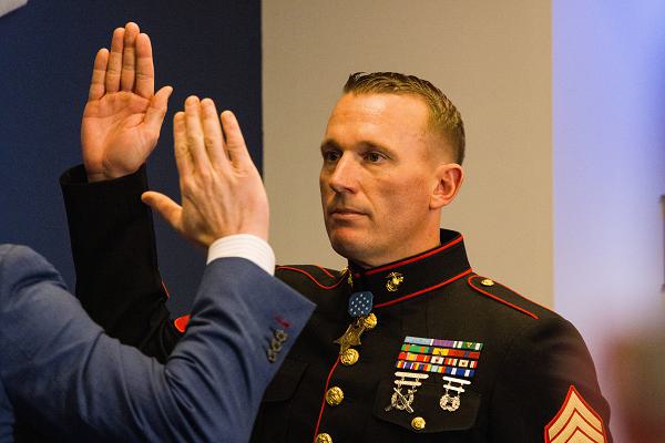 U.S. Marine Corps Sgt. Dakota Meyer, a Medal of Honor recipient, leads Marines with Headquarters Marine Corps in physical training on Boeing Field on Joint Base Myer-Henderson Hall, April 17, 2025. Sgt. Meyer is the only Medal of Honor recipient currently serving in the U.S. Marine Corps. 