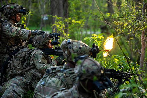 Soldiers assigned to 4th Battalion, 31st Infantry Regiment, 2nd Brigade Combat Team, 10th Mountain Division (LI), engage opposing forces during a simulated force-on-force joint forcible entry operation for Mountain Peak 25-01, on Fort Drum, New York, May 10, 2025. JFE operations are fast-paced air and ground assaults designed to rapidly insert forces into critical areas to seize and hold key terrain. The scenario provides 2nd BCT Soldiers with realistic, home-station training in large-scale combat operations as they prepare for an upcoming rotation to the Joint Readiness Training Center at Fort Johnson, Louisiana, later this summer.  (U.S. Army Photo by Sgt. Salvador Castro)