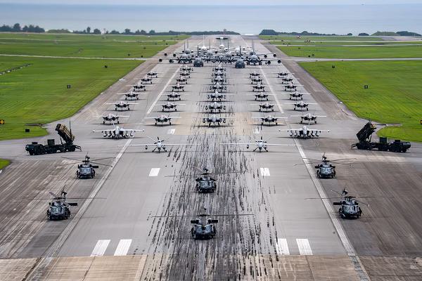 U.S. Air Force, U.S. Navy and U.S. Marine Corps aircraft along with U.S. Army Patriot missile batteries line up on the runway for an elephant walk during a routine operational readiness exercise at Kadena Air Base, Japan, May 6, 2025. Kadena AB showcased an array of assets, demonstrating a portion of more than 100 aircraft operating from the Keystone of the Pacific. (U.S. Air Force photo by Senior Master Sgt. Nadine Barclay) 