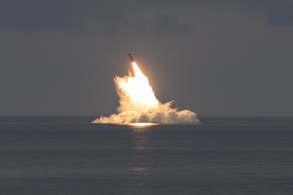 ATLANTIC OCEAN (Sept. 17, 2021) An unarmed Trident II D5LE missile launches from the Ohio-class ballistic missile submarine USS Wyoming (SSBN 742) off the coast of Cape Canaveral, Florida, during Demonstration and Shakedown Operation (DASO) 31. This launch was part of the U.S. Navy Strategic Systems Program’s DASO certification process. The primary objective of DASO is to evaluate and demonstrate the readiness of the SSBN’s Strategic Weapon System (SWS) and crew before operational deployment following the submarine’s engineered refueling overhaul. (U.S. Navy photo by Chief Mass Communication Specialist David Holmes/Released)