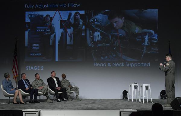 KC-135 aircraft boom instructor platform wins Spark Tank cup Air Force Master Sgt. Bartek Bachleda, right, an 22nd Air Refueling Wing aircraft boom operator from McConnell Air Force Base, Kan., briefs his idea to the Spark Tank panel during the Air Force Association Air Warfare Symposium in Orlando, Fla., Feb. 22, 2018. Air Force photo by Wayne A. Clark