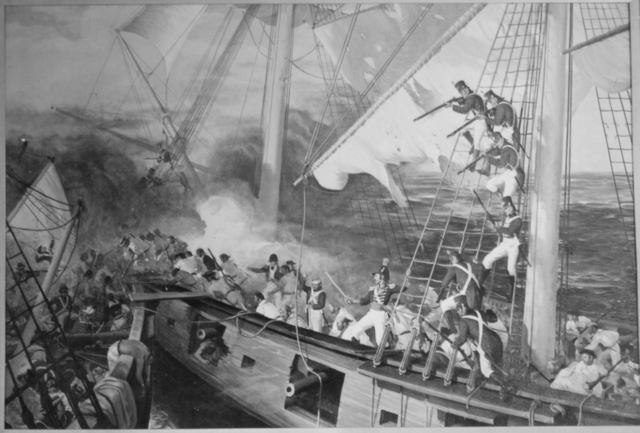 Ship crews engage in hand-to-hand combat during a mock sea battle in a flooded Roman amphitheater in an 1894 painting by Spanish painter Ulpiano Checa. The real-life sea battles such as this one imitated gave rise to today’s Marine Corps.