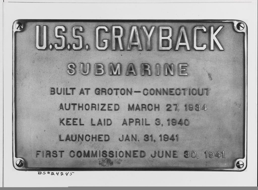 The USS Grayback’s data plaque, photographed in 1941. Naval History and Heritage Command photo