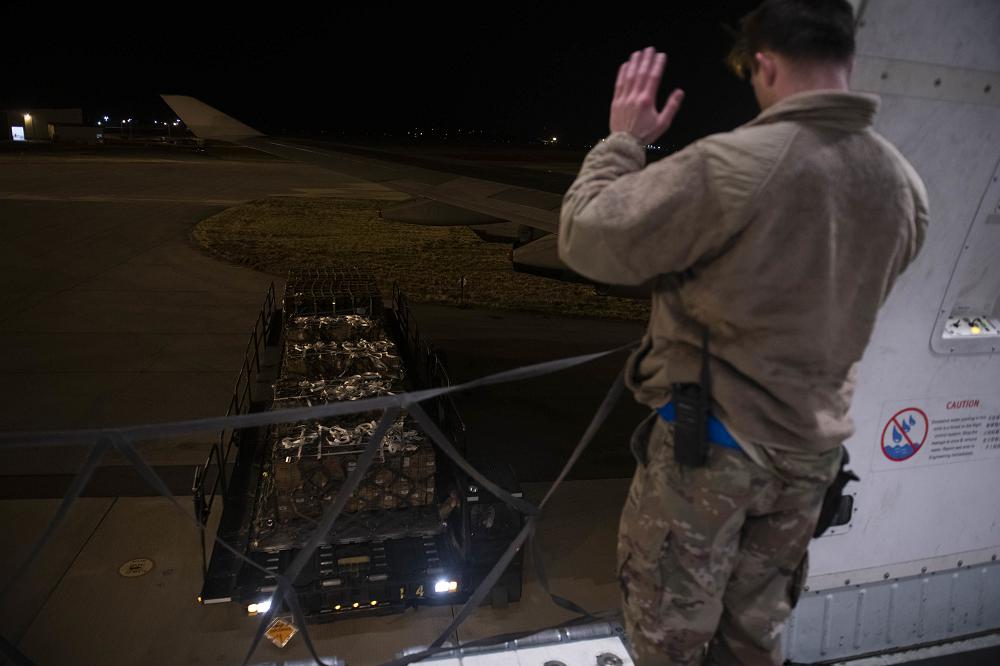 Airmen from the 436th Aerial Port Squadron load ammunition, weapons and other equipment bound for Ukraine during a foreign military sales mission at Dover Air Force Base, Delaware, Jan. 24, 2022. Since 2014, the United States has committed more than $5.4 billion in total assistance to Ukraine, including security and non-security assistance. The United States reaffirms its steadfast commitment to Ukraine’s sovereignty and territorial integrity in support of a secure and prosperous Ukraine. (U.S. Air Force photo by Tech. Sgt. J.D. Strong II)