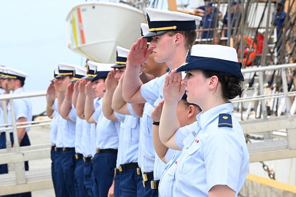 Cadets from the U.S Coast Guard Academy attend a welcoming ceremony for the U.S. Coast Guard Cutter Eagle in Santo Domingo, Dominican Republic, May 25, 2024. The cadets were aboard the Eagle for their 2024 summer training cruise. (U.S. Coast Guard photo by Petty Officer 1st Class Matthew West)