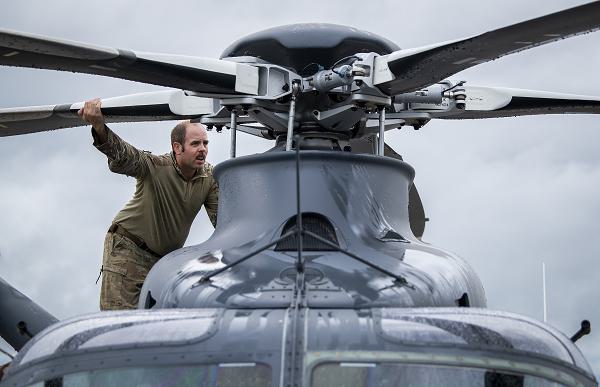 Jake Marsh, 96th Operations Group, performs a preflight check on the MH-139A Grey Wolf’s rotors June 27, 2024, at Eglin Air Force Base, Fla. The flight marked the last MH-139A to leave Eglin AFB after approximately four years of developmental testing with the 413th Flight Test Squadron. (U.S. Air Force photo by Samuel King Jr.) 