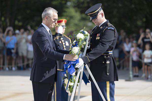 NATO Secretary-General Jens Stoltenberg participates in a Public Wreath-Laying Ceremony at the Tomb of the Unknown Soldier, Arlington National Cemetery, Arlington, Virginia, July 8, 2024. Stoltenberg was in Washington, D.C. to attend the 2024 NATO Summit, a three-day event held to address the challenges facing NATO members and further strengthen NATO’s deterrence and defense. This year marked the 75th anniversary of the North Atlantic Treaty signing. (U.S. Army photo by Elizabeth Fraser / Arlington National Cemetery / released)
