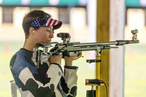 U.S. Army Sgt. Sagen Maddalena, Olympian and a Instructor/Shooter assigned to the U.S. Army Marksmanship Unit, shoots in the standing position during the Women's 50m 3 Position Rifle Qualifiers at the Chateauroux Shooting Centre, in Chateauroux, France Aug. 1, 2024. Sgt. Maddalena qualified in first place with a score of 593-45x setting a new Olympic qualification record and securing a spot in the finals.