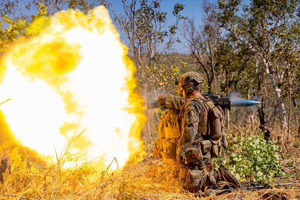 U.S. Marine Corps Lance Cpl. Eli Gregg, an assistant M3E1 multipurpose anti-armor anti-personnel weapon system gunner with Fox Company, 2nd Battalion, 5th Marine Regiment (Reinforced), Marine Rotational Force –Darwin 24.3, assists Lance Cpl. Ryan Waskosky, a MAAW gunner also with Fox Co. 2nd Bn., 5th Marines (Rein.), MRF-D 24.3, while firing a MAAW during a live-fire range as a part of Exercise Predator’s Run 24 at Mount Bundey Training Area, NT, Australia, July 30, 2024. Exercise Predator’s Run 24 is a littoral-focused, multilateral training exercise led by the Australian Army’s 1st Brigade. MRF-D 24.3 is integrated into the Australian Defence Force order of battle, conducting warfighting and live-fire field evolutions, with a focus on executing and integrating offensive, defensive, and counterattack maneuvers, emphasizing combined arms in support of maneuver. Gregg is a native of Minnesota. Waskosky is a native of Texas. (U.S. Marine Corps photo by Cpl. Juan Torres)