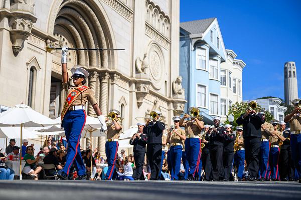 U.S. Marines, attached to the 1st Marine Division Band, and U.S. Navy, attached to Navy Band Southwest, march in the San Francisco Italian Heritage Parade during San Francisco Fleet Week 2024 October 13. SFFW, now in its 43rd iteration, is a time-honored sea service celebration that allows citizens of the Bay Area to witness today’s maritime capabilities firsthand. Nearly 2,500 Sailors, Marines, and Coast Guardsmen will showcase their capabilities and equipment, participate in various community service events, and enjoy the hospitality of the Bay Area during the event. (U.S. Navy photo by Mass Communication Specialist 1st Class Jesse Monford)