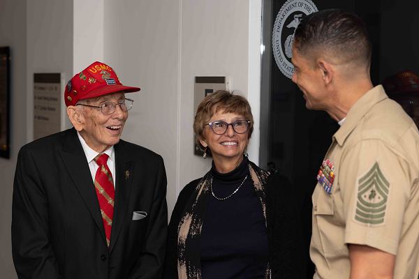 U.S. Marine Corps Pfc. Rudy Meekins, a veteran of the Korean War and one of the “Chosin Few”, meets with the 20th Sergeant Major of the Marine Corps, Sgt. Maj. Carlos A. Ruiz, at the Pentagon, Arlington, Virginia, Oct. 8, 2024. Meekins was a member of 3rd Battalion, 11th Marines, landed at Inchon, earned four Purple Hearts, and fought in the Battle of the Chosin Reservoir. (U.S. Marine Corps photo by Sgt. James Stanfield)