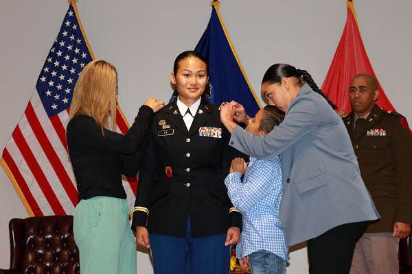 Sgt. 1st Class Ratthiny Ly, Supply NCO for 4th Battalion, 166th Regiment - Regional Training Institute, Pennsylvania Army National Guard, is appointed to the rank of Warrant Officer 1 during a ceremony at Fort Indiantown Gap, Pa. Nov. 14, 2024. (U.S. Army National Guard photo by Sgt. 1st Class Shane Smith)