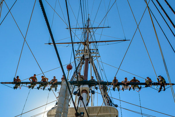 USS Constitution  Boston, June 26, 2018 - Sailors get into position on the USS Constitution’s mizzen topsail yard during weekly sail training.  Photo by Petty Officer 3rd Class Casey Scoular