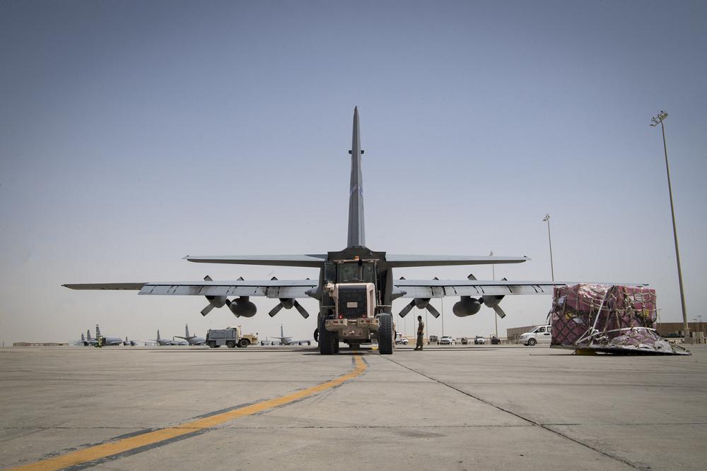 U.S. Air Force Airmen load cargo onto a U.S. Air Force C-130 Hercules assigned to the 746th Expeditionary Airlift Squadron at Al Udeid Air Base, Qatar, April 28, 2020. The flexible design of the C-130 enables it to be configured for multiple different missions, allowing one aircraft to perform the role of many and project premier airlift airpower in the U.S. Central Command area of responsibility. (U.S. Air Force photo by Tech. Sgt. Matthew Lotz)