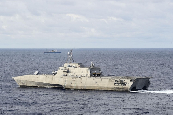 The Independence-variant littoral combat ship USS Gabrielle Giffords conducts routine operations in the vicinity of the Chinese vessel Hai Yang Di Zhi 4 Hao in the South China Sea, July 1, 2020. Photo by Petty Officer 2nd Class Class Brenton Poyser