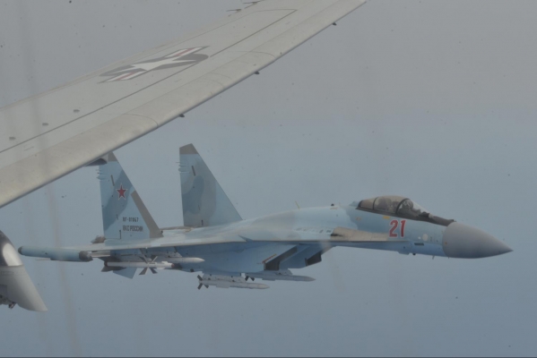 A Russian Su-35 aircraft unsafely intercepts a P-8A Poseidon patrol aircraft assigned to U.S. 6th Fleet over the Mediterranean Sea, May 26, 2020. Officials protested the unsafe and unprofessional behavior of the Russian pilots.