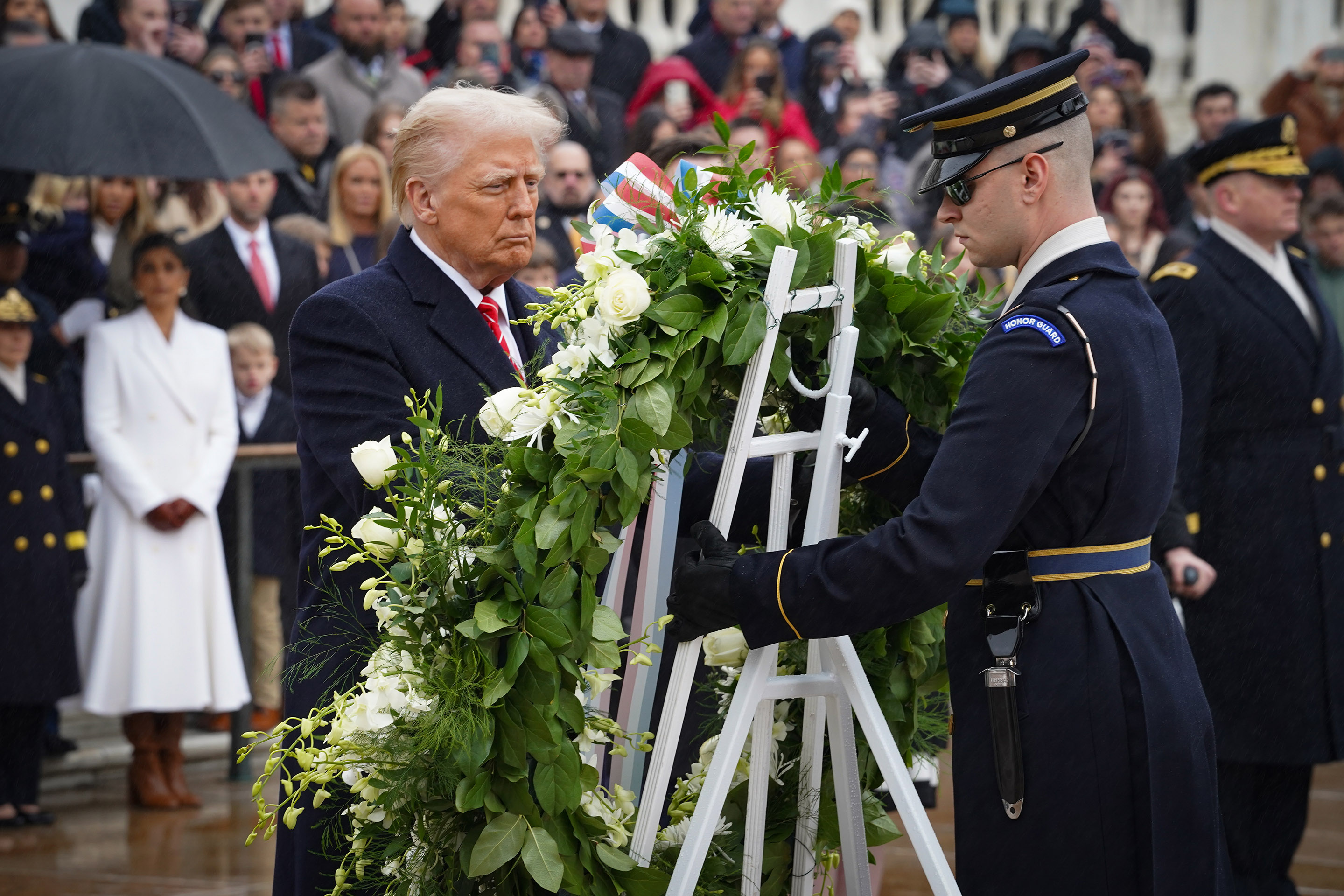 President-Elect of the United States, Donald Trump places a wreath at the Tomb of Unknown Soldier at Arlington National Cemetery January 19, 2025. Laying a wreath at the Tomb is an act of honoring fallen service members of the U.S. Armed Forces. The visit to Arlington National Cemetery is in lead up to Monday’s Inauguration. (U.S. Army photo by Sgt. Samantha Cate)