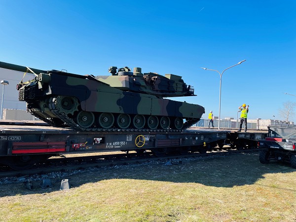 MANNHEIM, GERMANY, March 14, 2022 – An M1A2 Abrams main battle tank is loaded onto a German rail car at Coleman worksite in Mannheim, Germany.