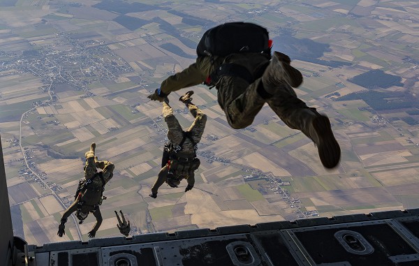 POLAND, March 11, 2022 -  Polish Special Forces Operators execute a military free fall jump