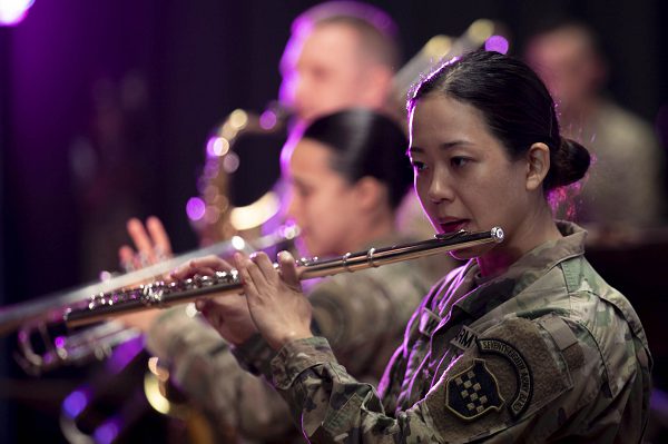 In this photo by Sergeant Therese Prats, Army Reserve Sergeant Christine Won performs during a band competition at Joint Base McGuire-Dix, Lakehurst, New Jersey.