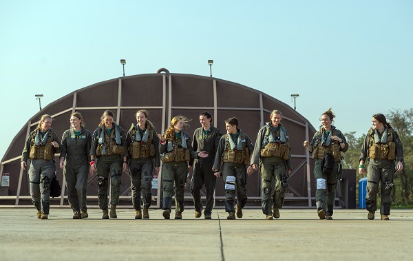 Osan Air Base, S. Korea. (September 5, 2022): In this photo by Air Force Technical Sergeant Vernon Young, Jr., pilots assigned to the 36th and 25th Fighter Squadrons fly an historic all-female mission over the skies of South Korea.  The formation included eight flying the A-10 Thunderbolt II, and two flying F-16 Fighting Falcons, a first in American aviation.