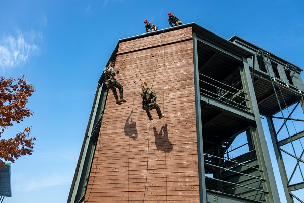 Pohang, South Korea. (September 1, 2022): In this photo by Marine Lance Corporal Alpha Hernandez, U.S. Marines with the 2nd Battalion, 3rd Marine Division rappel down an obstacle as part of a joint training program with Republic of Korea (ROK) Marines. U.S. and ROK Marines are a highly lethal combination who are clearly the world’s most dangerous seaborne infantry.