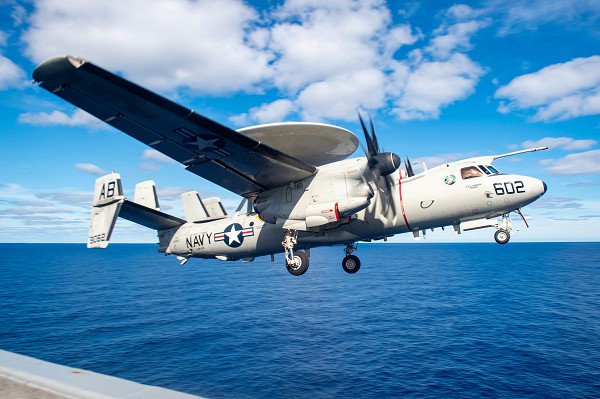 ATLANTIC OCEAN (Sept. 5, 2022): In this photo by MC3 Jack Hoppe, an E-2D Hawkeye, attached to the "Seahawks" of Airborne Command and Control Squadron, launches from the flight deck of the Nimitz-class aircraft carrier USS Harry S. Truman, during a Carrier Air Wing flyoff. While they may have an ungainly appearance, unlike the slick planes seen in the Top Gun movies, the E-2 Hawkeye is literally the “eyes in the skies” for naval aviators.