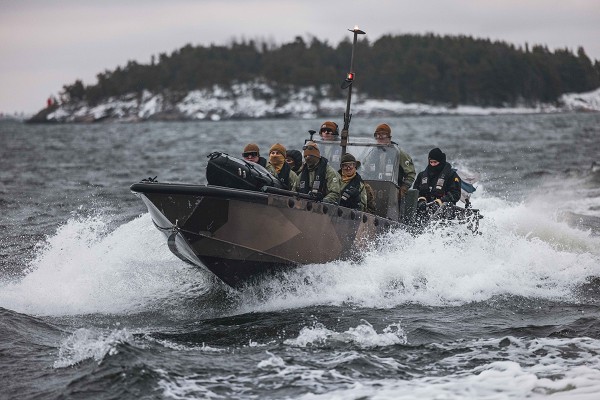 Baltic Sea. (November 25, 2022): In this photo by Corporal Jackson Kirkiewicz, U. S. Marines with Combat Logistical Battalion, 2nd Marines Logistics Group drive a Finnish G-Class landing craft while operating the “Amy”, an unmanned surface vehicle on the Baltic Sea off the coast of Finland.